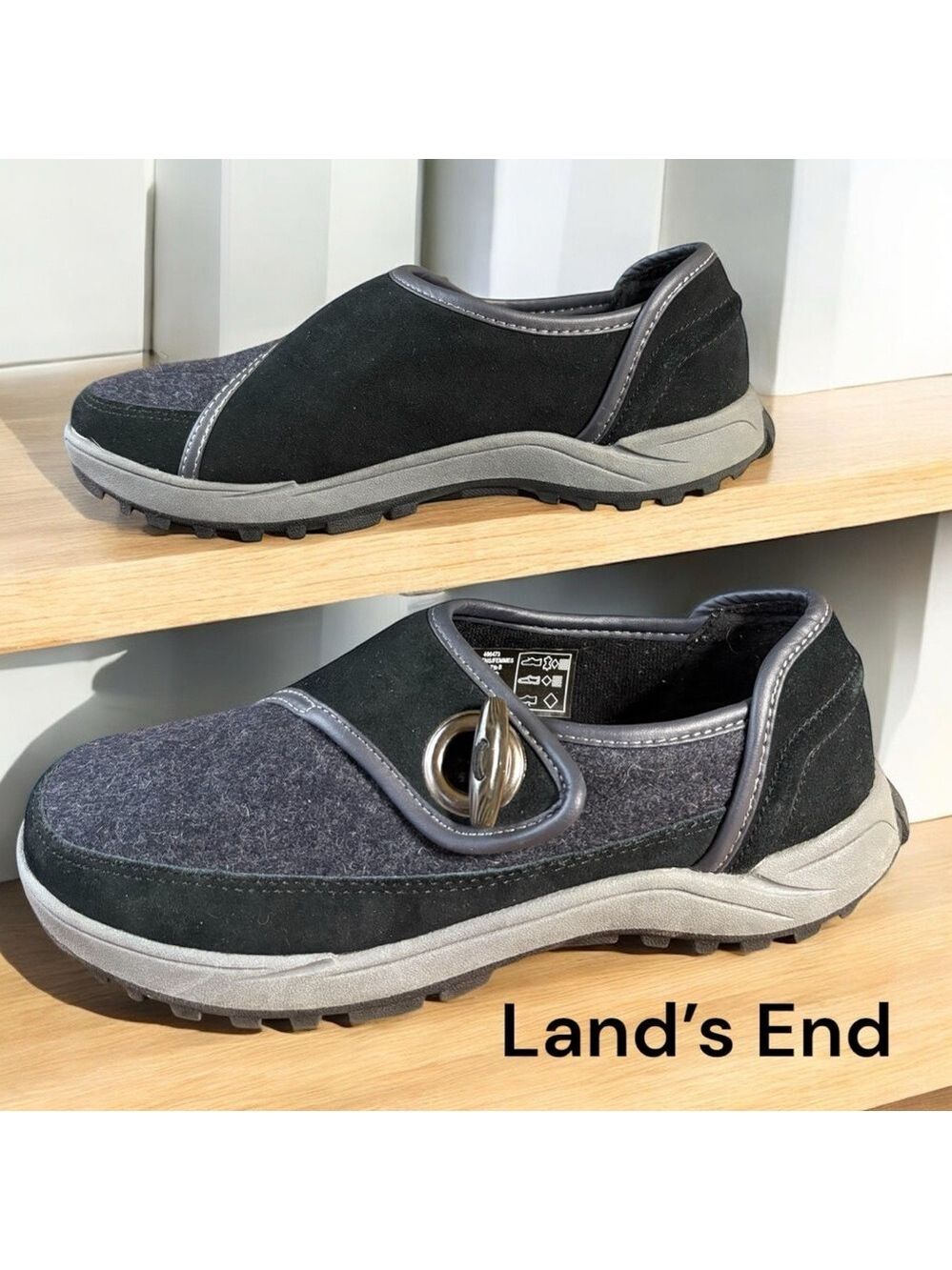 Land’s End-7.5 Women’s Gray wool/Black felt Toggle Closure sneaker. Sporty VGUC!